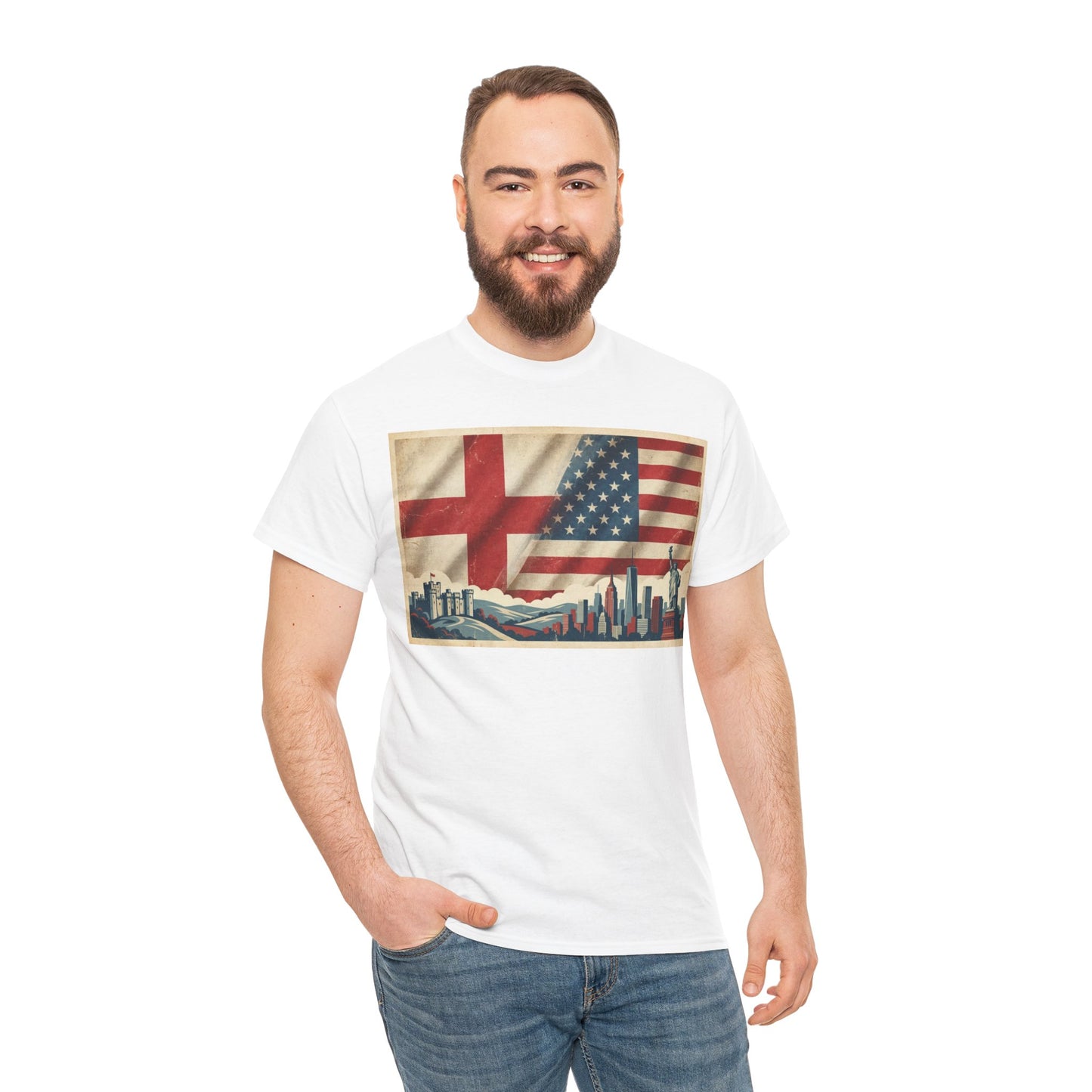 England + USA Flag Skyline T-Shirt — Vintage London & New York City Pride Tee