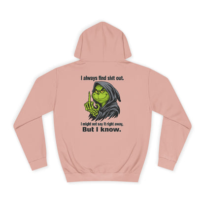 Funny Grinch Hoodie — "I always find s**t out. I might not say it right away, But I know." Christmas Humor