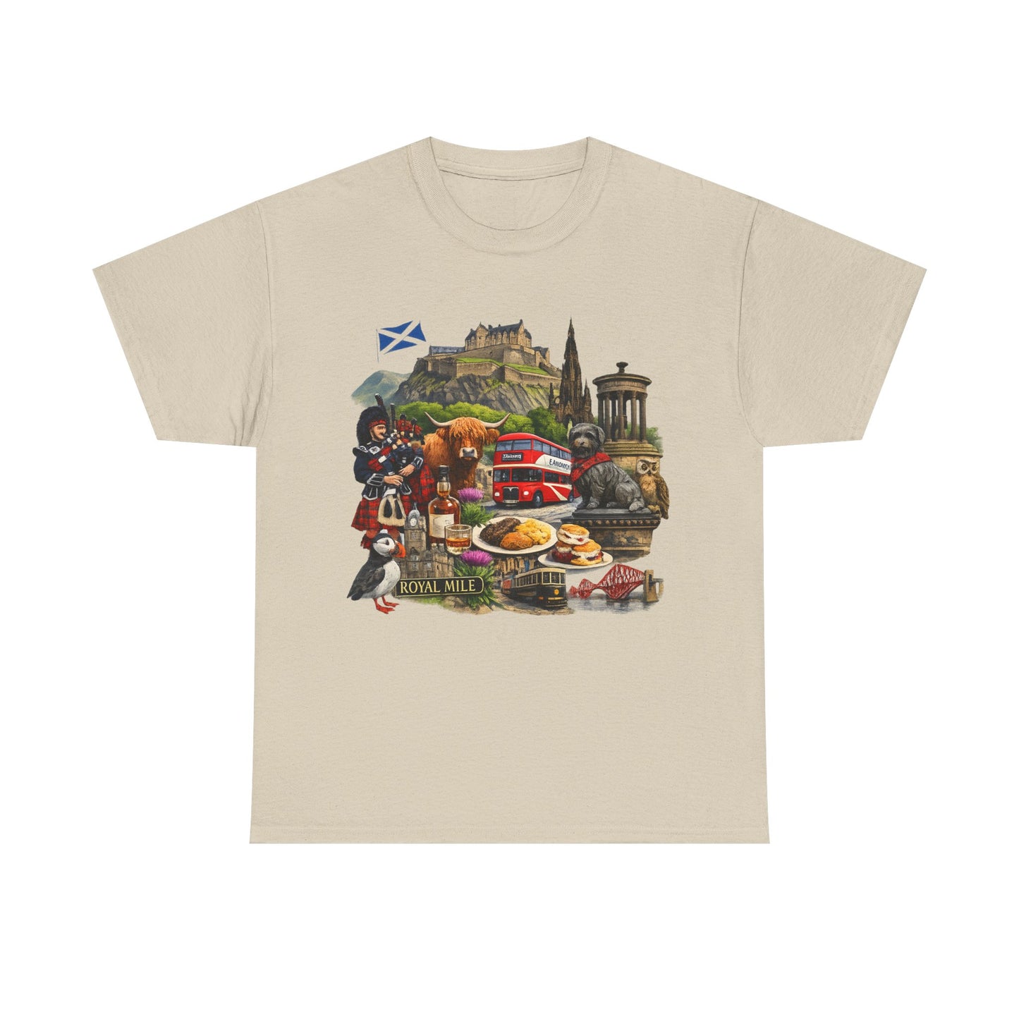Scotland / Edinburgh Travel Collage T-Shirt — Edinburgh Castle, Bagpipes & Local Icons