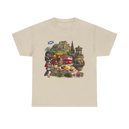 Scotland / Edinburgh Travel Collage T-Shirt — Edinburgh Castle, Bagpipes & Local Icons
