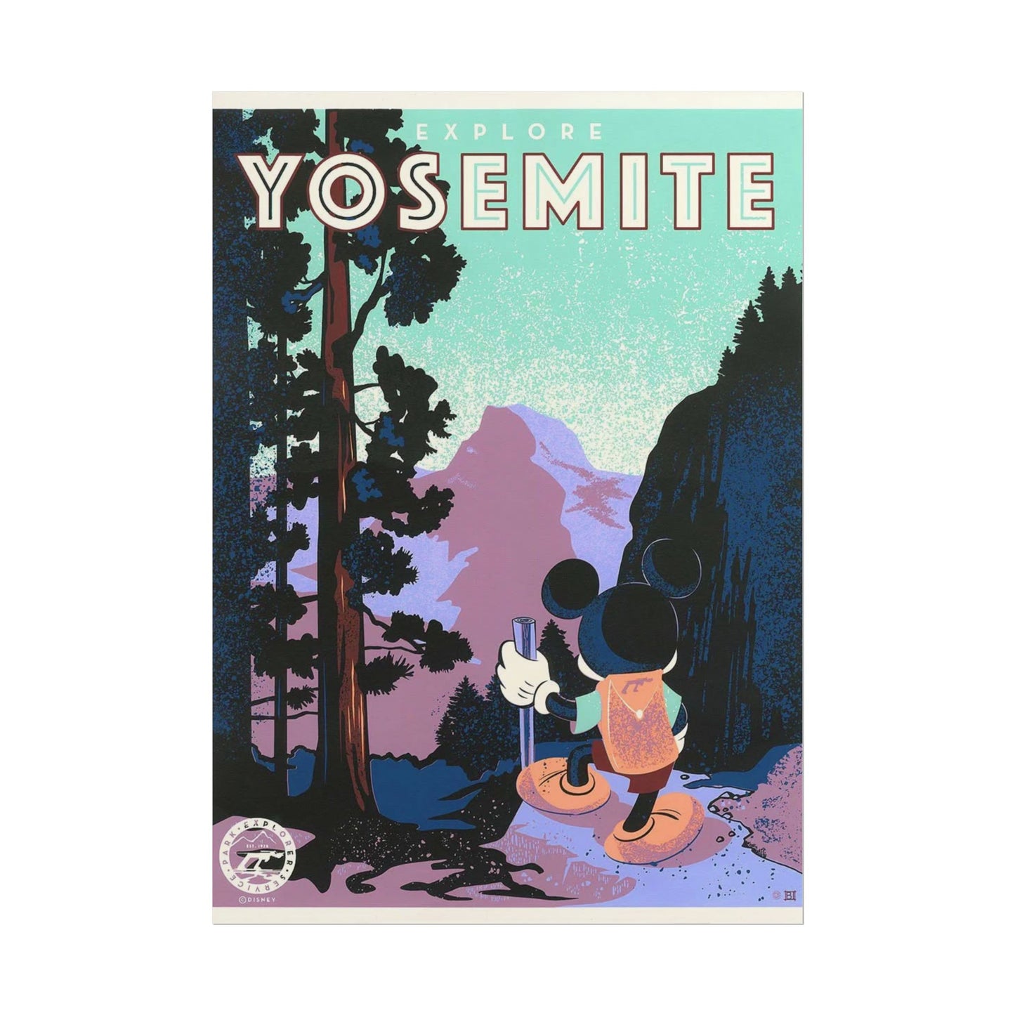 Yosemite Vintage Travel Poster — Mickey Mouse Hiking Rolled Poster