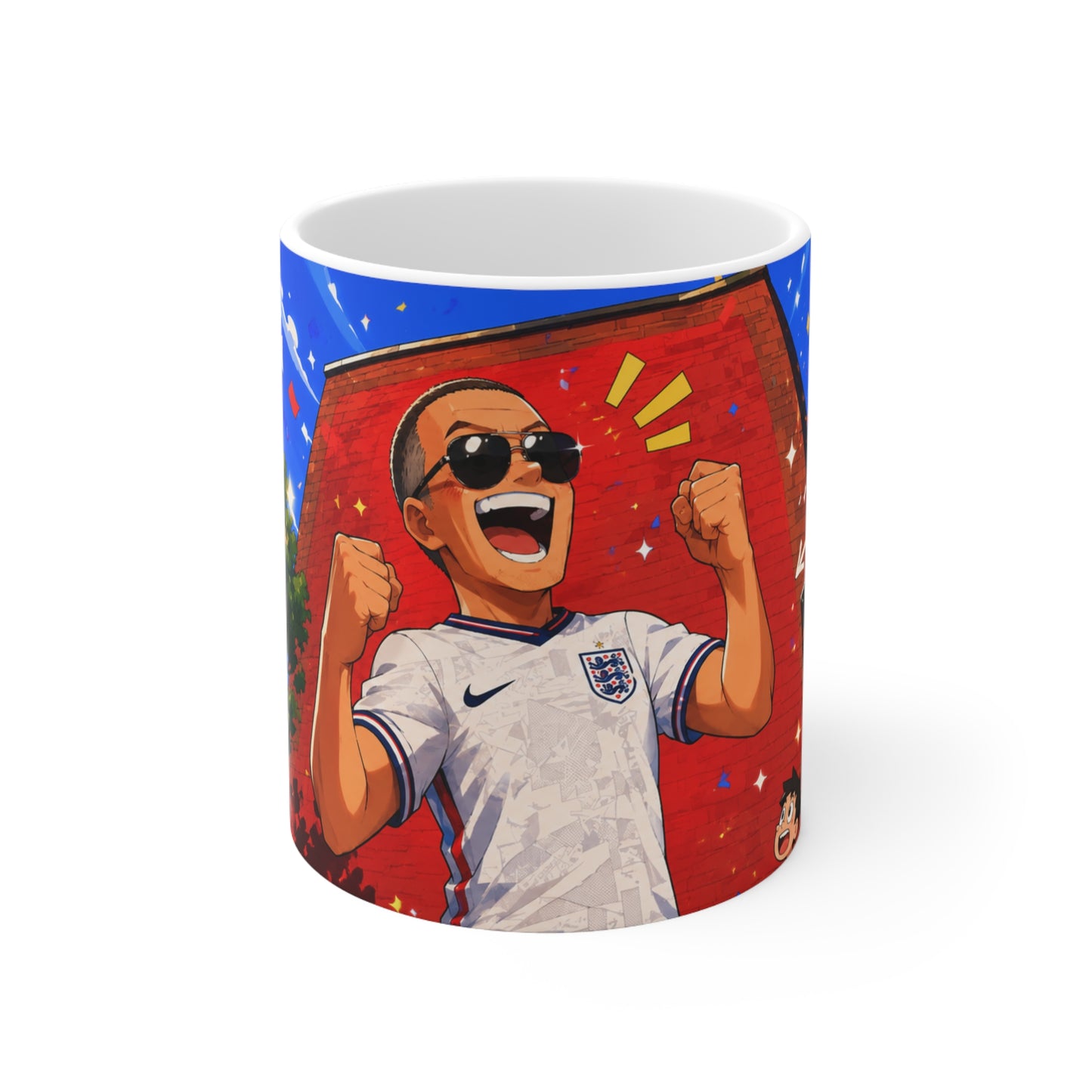 England Football Fan Mug — Celebratory Soccer Player Illustration, Ceramic 11oz & 15oz