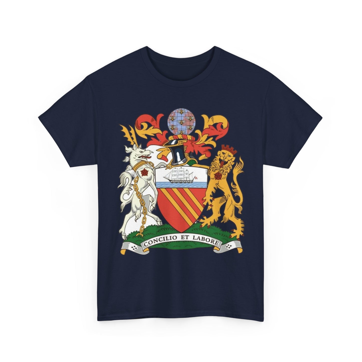 Manchester Coat of Arms Crest T‑Shirt — Heraldic Family Shield Tee with 'Concilio et Labore' Banner