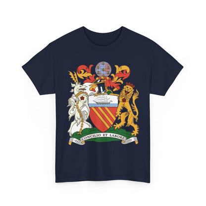 Manchester Coat of Arms Crest T‑Shirt — Heraldic Family Shield Tee with 'Concilio et Labore' Banner