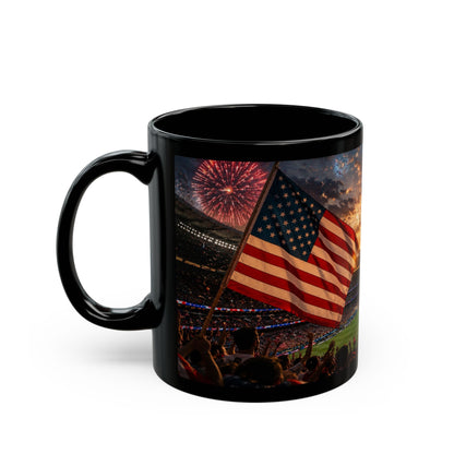World Cup 2026 Patriotic Stadium Fireworks Black Mug — American Flag Football Game Coffee Cup (11oz/15oz)