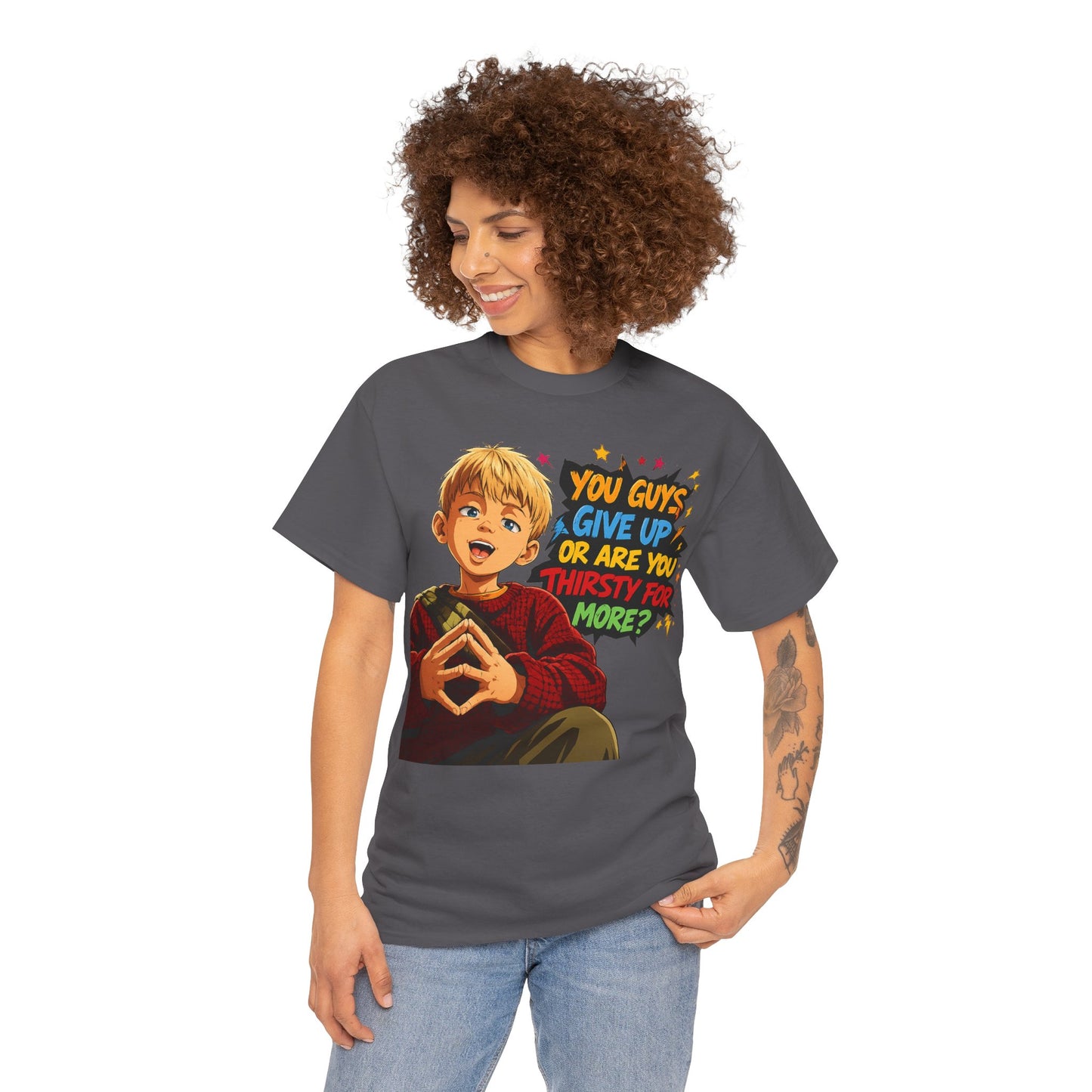 Home Alone Inspired Graphic Tee — 'You Guys Give Up or Are You Thirsty for More?' Nostalgic Comic Boy T-Shirt