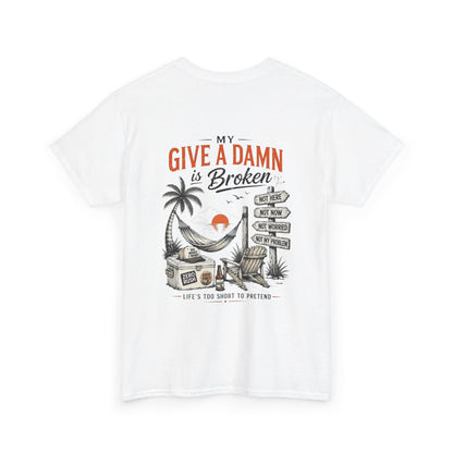 T-Shirt — “Too Old to Care” / “My Give a Damn is Broken” Vintage Beach Graphic Tee