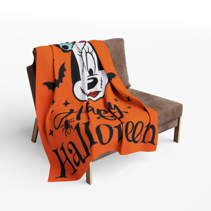 Halloween Minnie Mouse Fleece Blanket – "Happy Halloween" Orange Cozy Throw