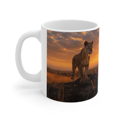 Safari Sunset Lioness Ceramic Mug — Wildlife Photography Coffee Cup (11oz, 15oz)