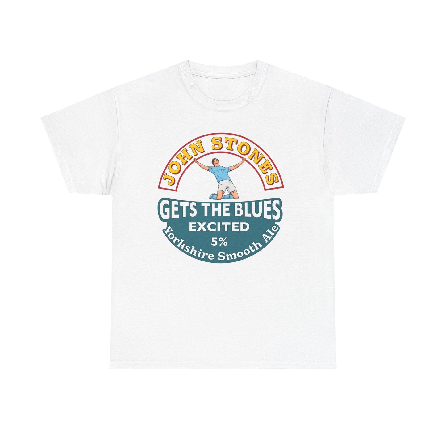 John Stones T-Shirt — "Gets The Blues Excited" Retro Ale Parody Tee