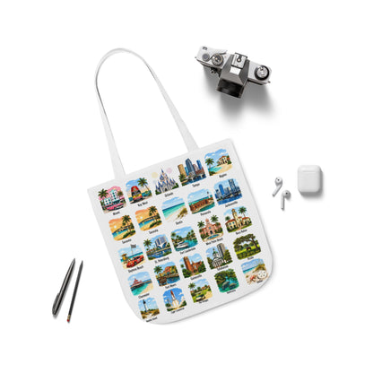 Florida City Landmark Collage Canvas Tote Bag — Vintage Travel Icons Print