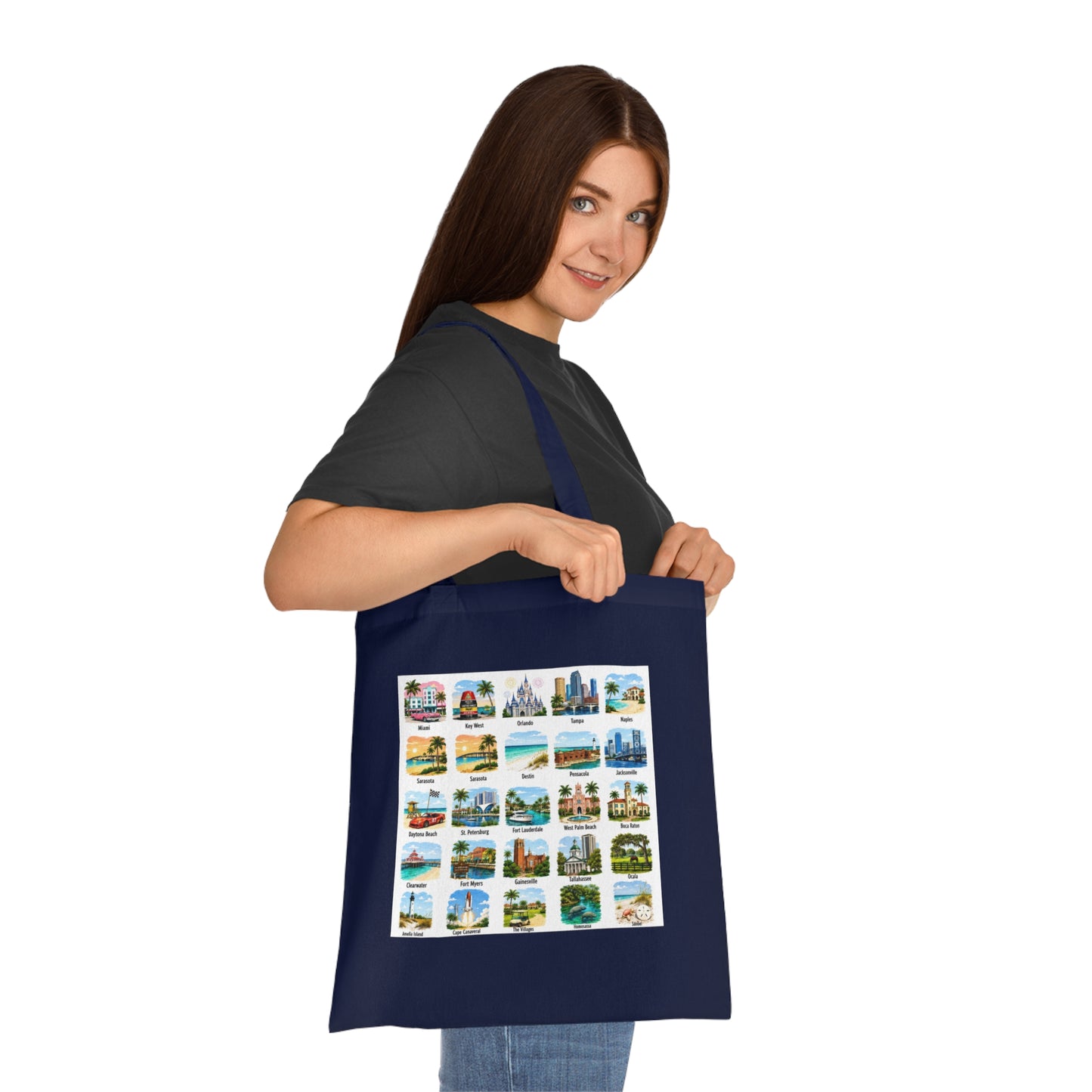 Florida City Landmarks Collage Cotton Tote – Vintage Travel Postcard Design