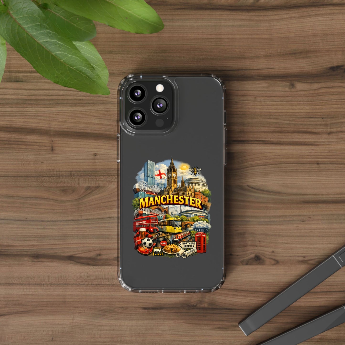 Manchester Landmark Clear Phone Case — Cityscape Collage Design