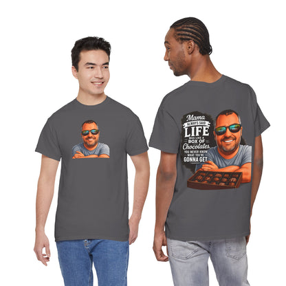 T-Shirt — "Mama Always Said Life Is Like A Box Of Chocolates" Graphic Tee (Funny Retro Portrait)
