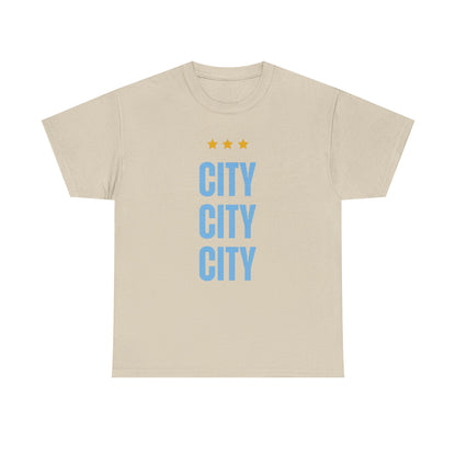 Manchester City City City Tee — Minimal Skyline Graphic T‑Shirt with Three Stars