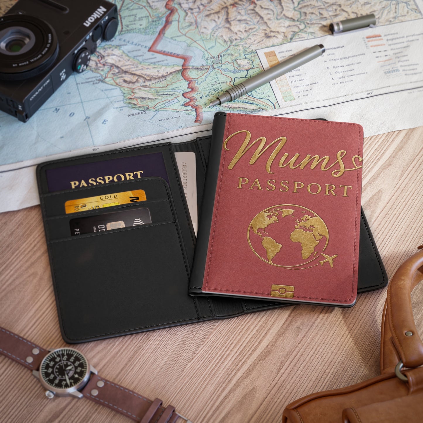 Mum’s Passport Cover – Gold Globe Travel Wallet for Moms