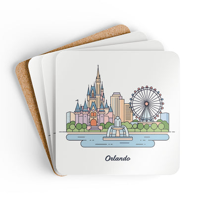 Orlando Skyline Cork Coaster Set – Illustrated Cityscape Drink Coasters (4-Pack)