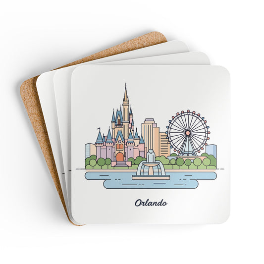 Orlando Skyline Cork Coaster Set – Illustrated Cityscape Drink Coasters (4-Pack)