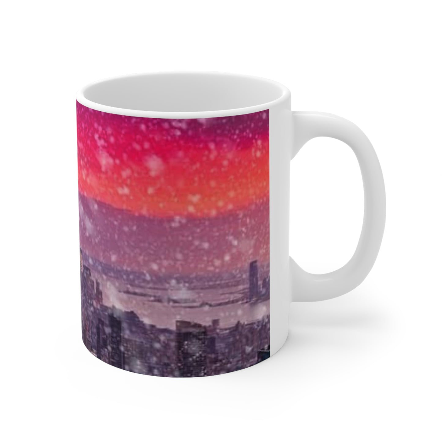New York City Skyline Mug — Pink Sunset Snowfall Ceramic Coffee Cup (11oz & 15oz)