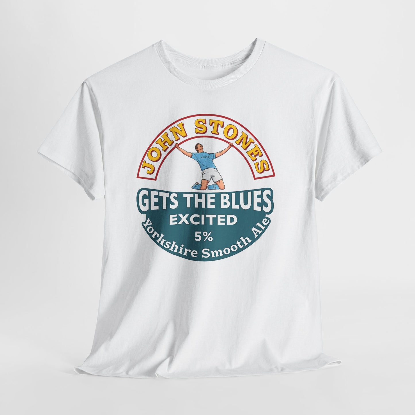 John Stones T-Shirt — "Gets The Blues Excited" Retro Ale Parody Tee