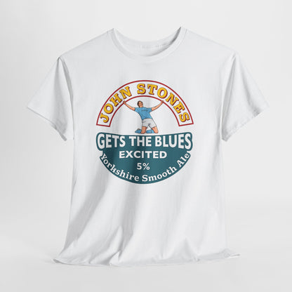 John Stones T-Shirt — "Gets The Blues Excited" Retro Ale Parody Tee
