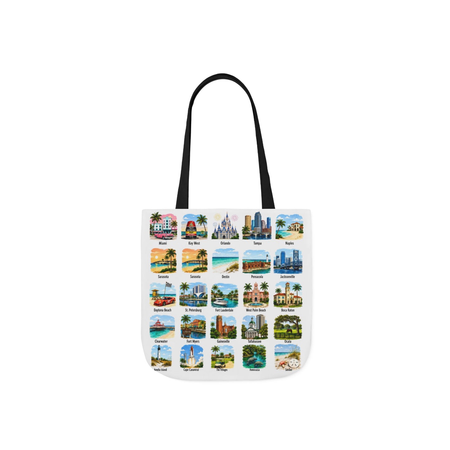 Florida City Landmark Collage Canvas Tote Bag — Vintage Travel Icons Print