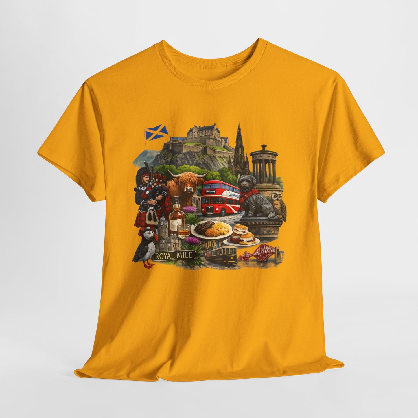Scotland / Edinburgh Travel Collage T-Shirt — Edinburgh Castle, Bagpipes & Local Icons
