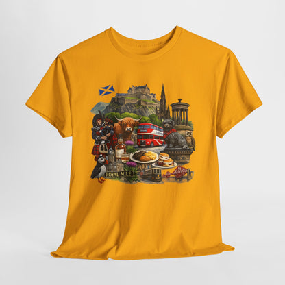 Scotland / Edinburgh Travel Collage T-Shirt — Edinburgh Castle, Bagpipes & Local Icons
