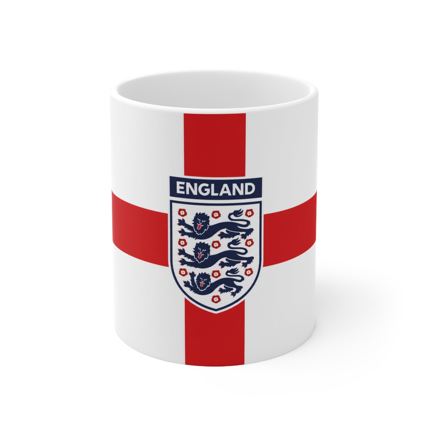 England Flag Coffee Mug — St George Cross Ceramic Tea Cup with Three Lions Crest (11oz & 15oz)