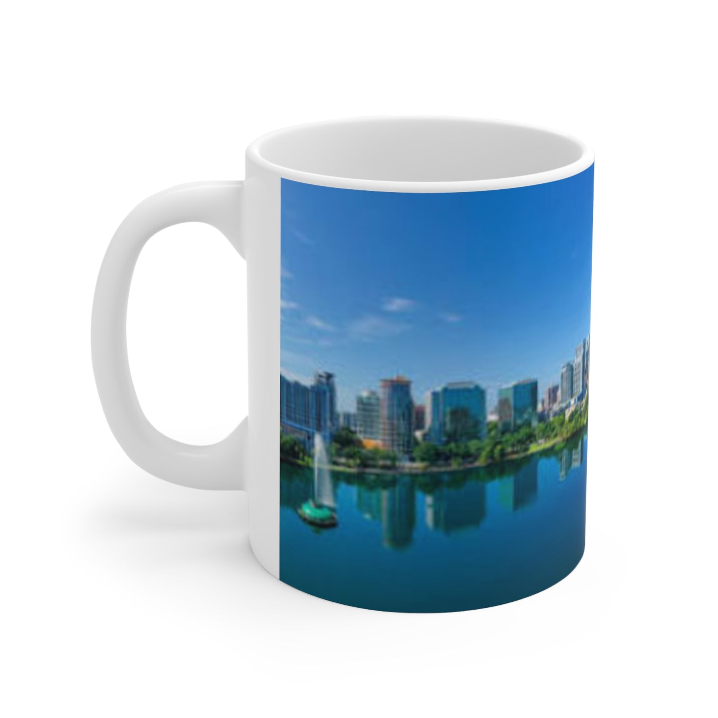 City Skyline Mug — Blue Lake Reflection Ceramic Coffee Cup (11oz & 15oz)