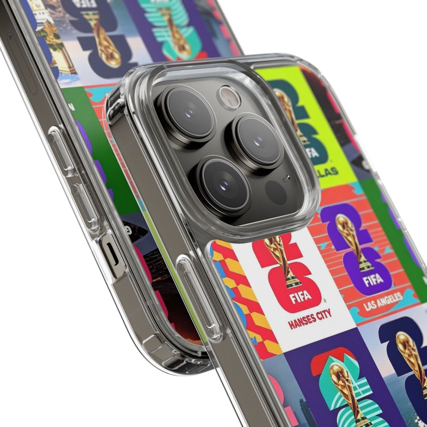 FIFA World Cup Pop Art Clear Phone Case — City Badge Collage (Dallas, LA, Monterrey, Toronto, Seattle)