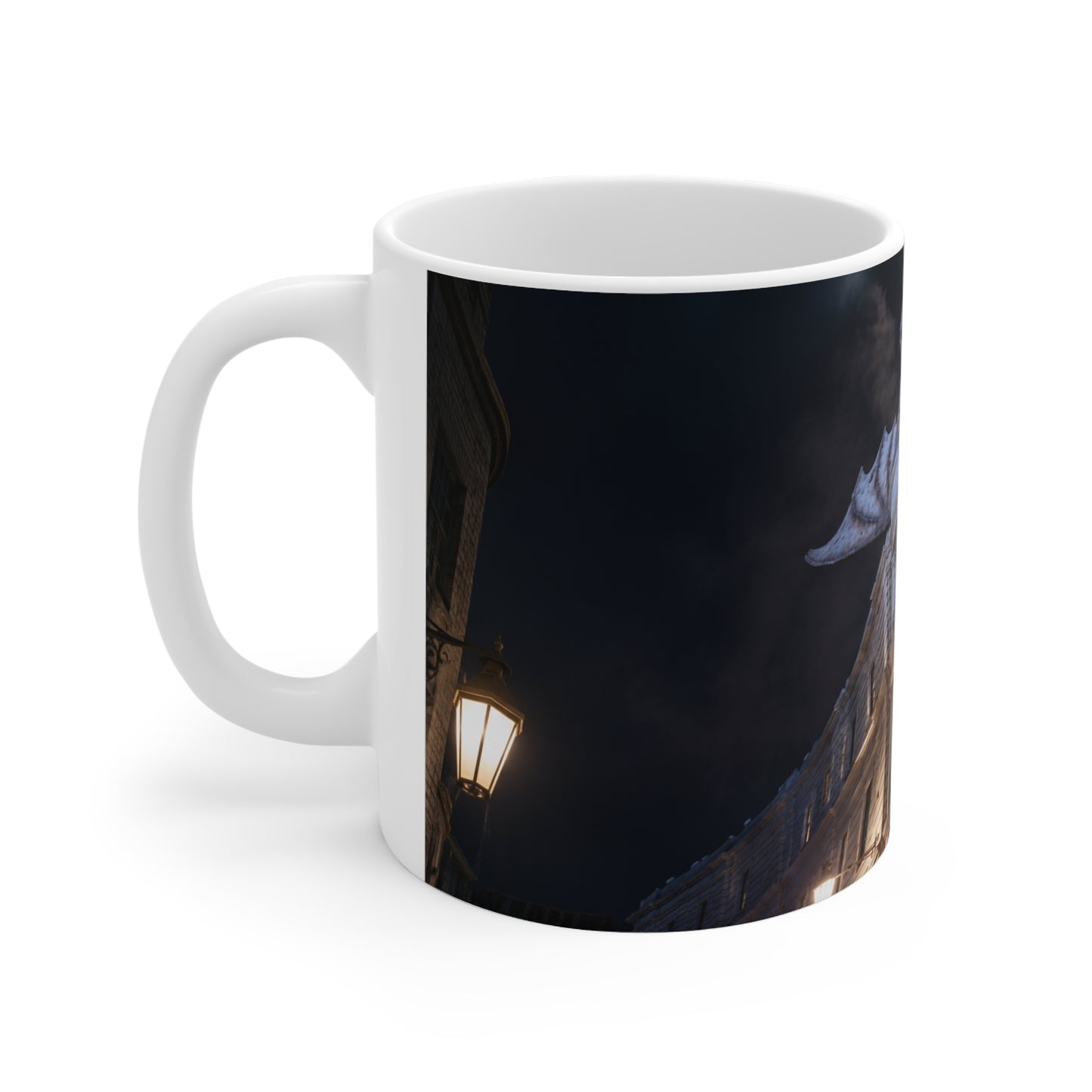 Dragon Perched on Rooftop Ceramic Coffee Mug — Gothic Night Fantasy 11oz/15oz