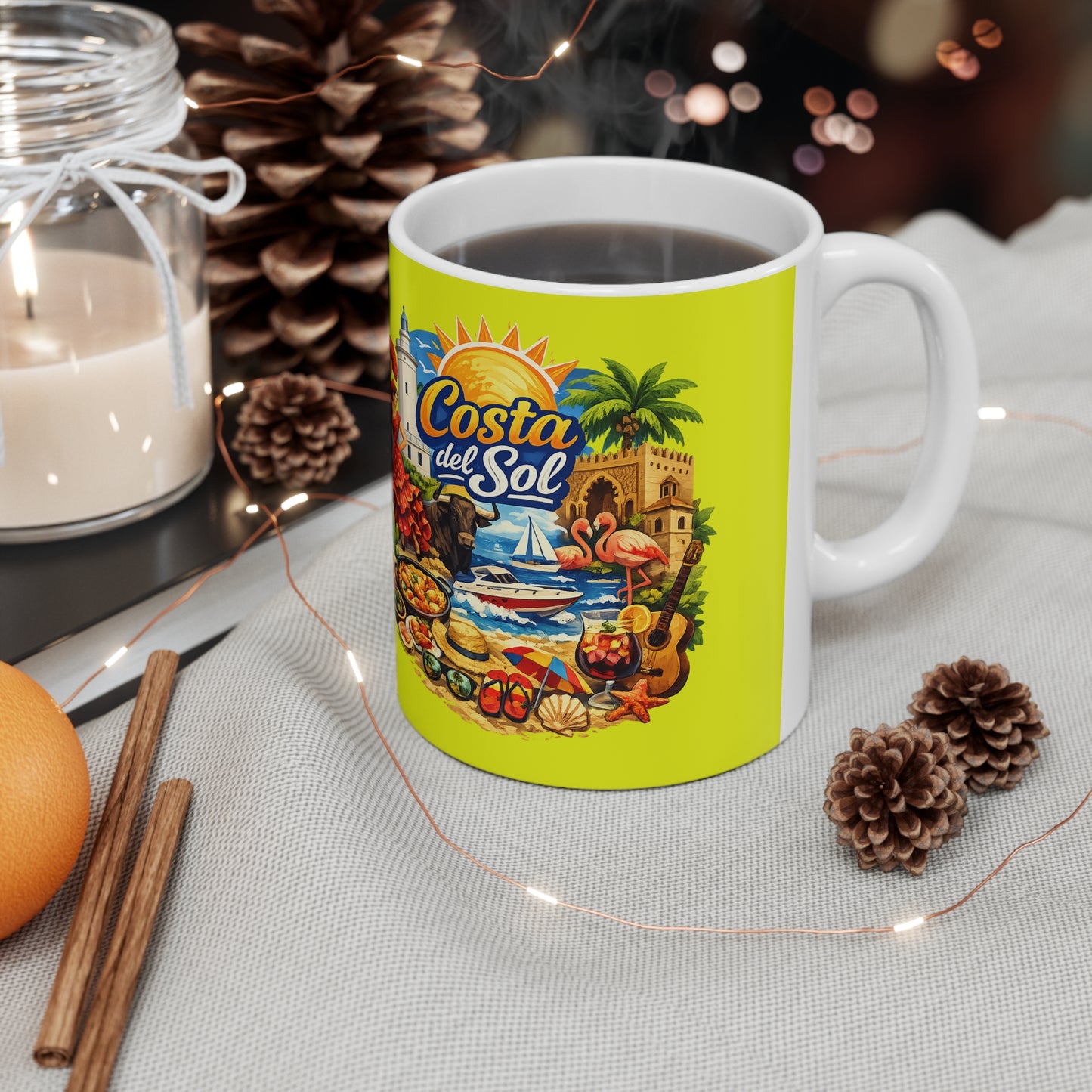 Costa del Sol Ceramic Coffee Mug — Spanish Beach Travel Souvenir, 11oz & 15oz