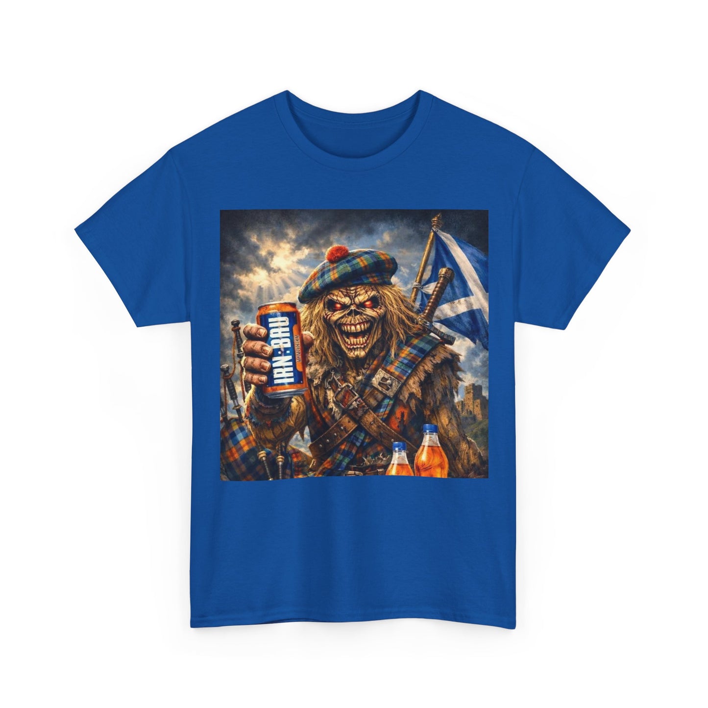 Scottish Rock Skull T‑Shirt — Eddie the Piper with Flag & Can Graphic Tee