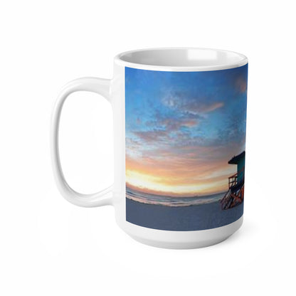 Sunset Beach Lifeguard Tower Ceramic Mug – Coastal Sunrise Coffee Cup (11oz/15oz)