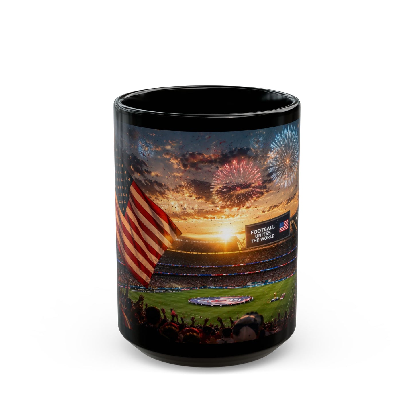 World Cup 2026 Patriotic Stadium Fireworks Black Mug — American Flag Football Game Coffee Cup (11oz/15oz)