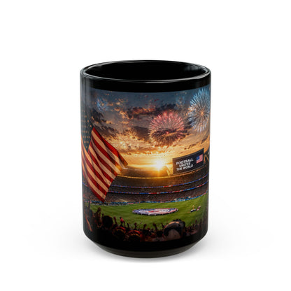 World Cup 2026 Patriotic Stadium Fireworks Black Mug — American Flag Football Game Coffee Cup (11oz/15oz)