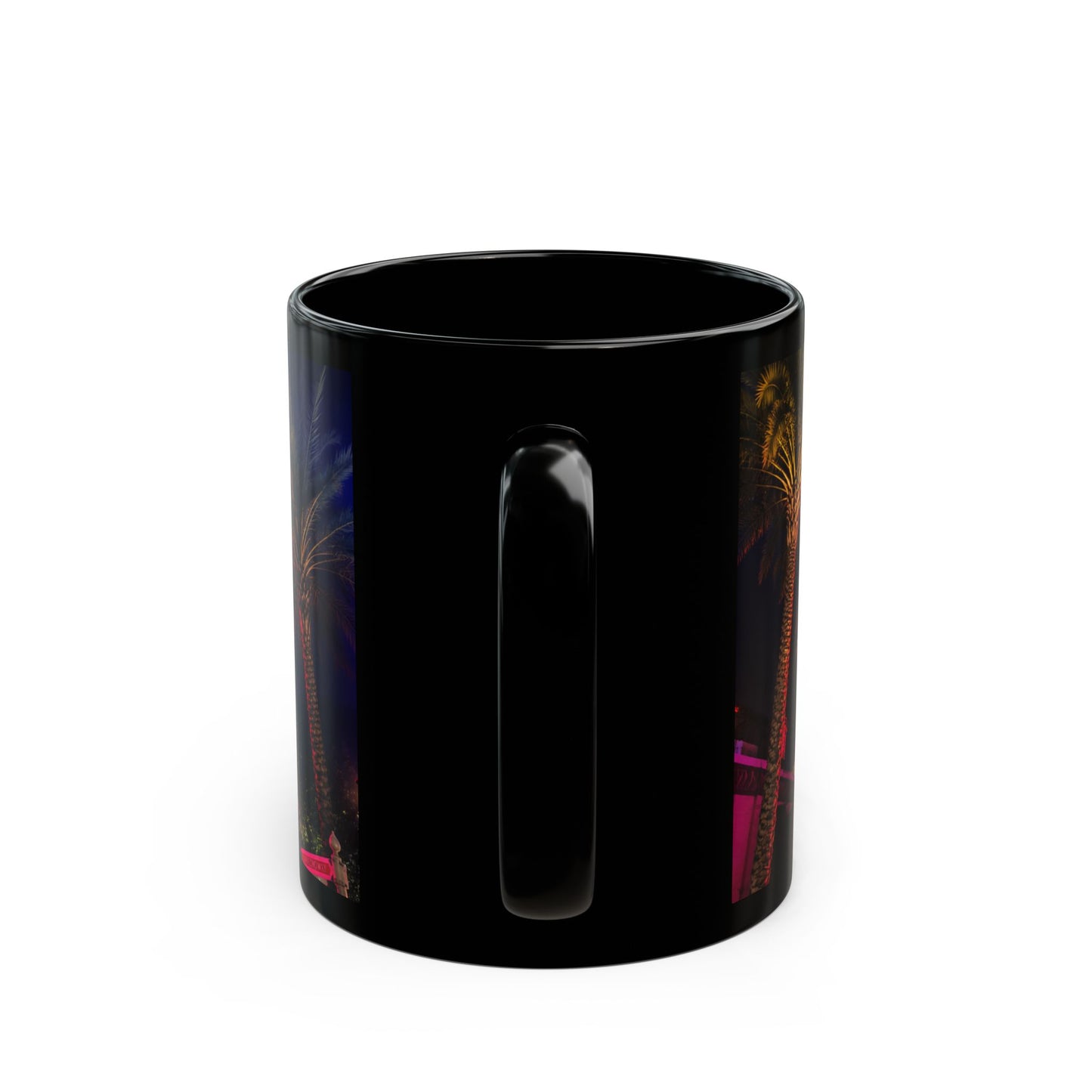 Halloween Horror Nights Black Mug — Neon Palm Nightscape (11oz/15oz)