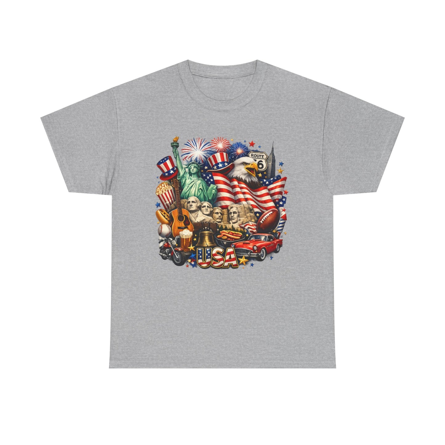 Patriotic USA Graphic Tee – American Flag, Statue of Liberty & Fireworks T-Shirt