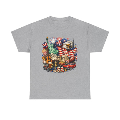 Patriotic USA Graphic Tee – American Flag, Statue of Liberty & Fireworks T-Shirt