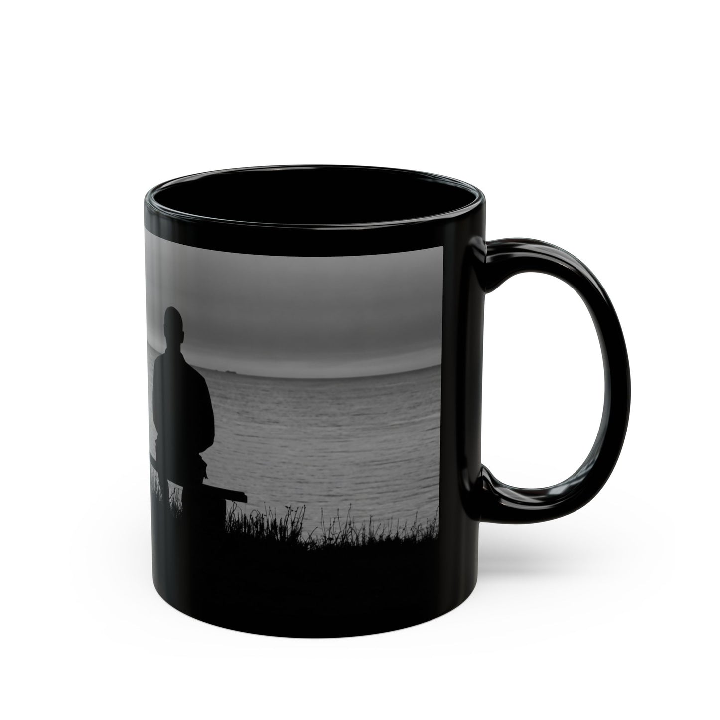 Silhouette by the Sea Black Coffee Mug — Reflective Ocean Sunset Gift (11oz, 15oz)