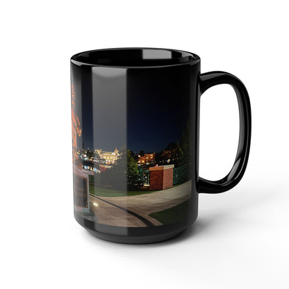 The Simpsons Photo Mug — University Statue & Campus Lights (Black 11oz/15oz)