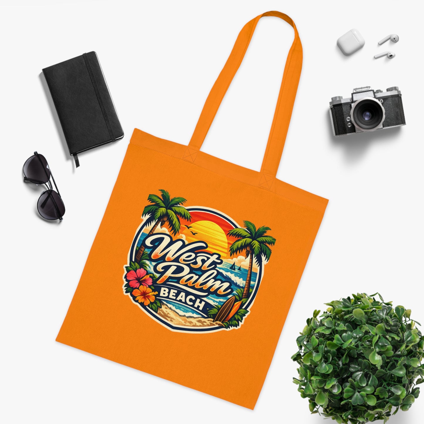 West Palm Beach Cotton Tote — Vintage Tropical Beach Palm Tree Design