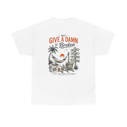T-Shirt — “Too Old to Care” / “My Give a Damn is Broken” Vintage Beach Graphic Tee