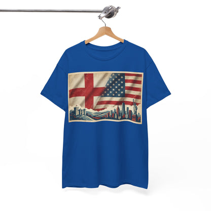 England + USA Flag Skyline T-Shirt — Vintage London & New York City Pride Tee