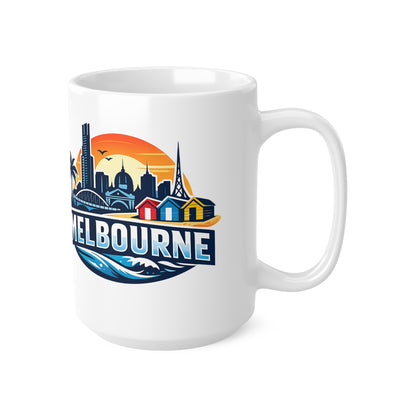 Melbourne Skyline Ceramic Coffee Mug — Retro Beach Cityscape 11oz/15oz