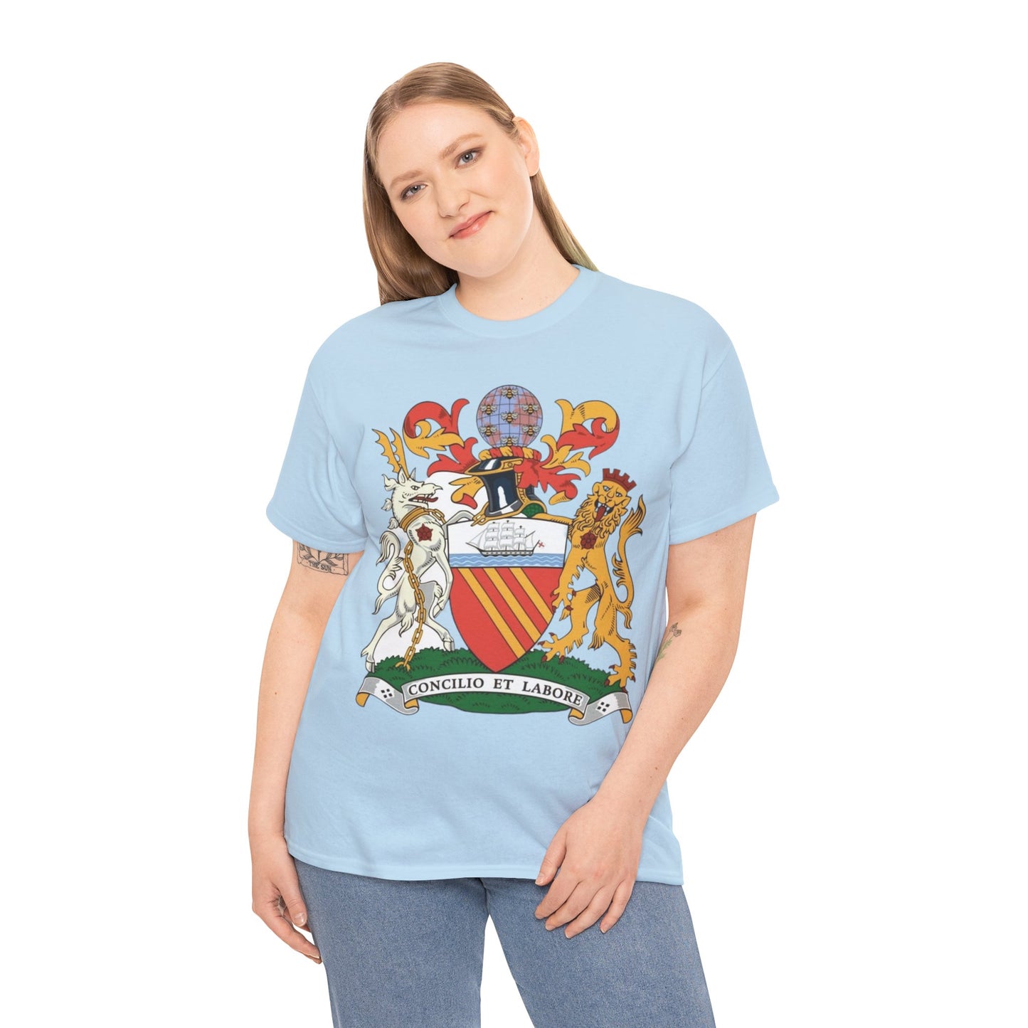 Manchester Coat of Arms Crest T‑Shirt — Heraldic Family Shield Tee with 'Concilio et Labore' Banner
