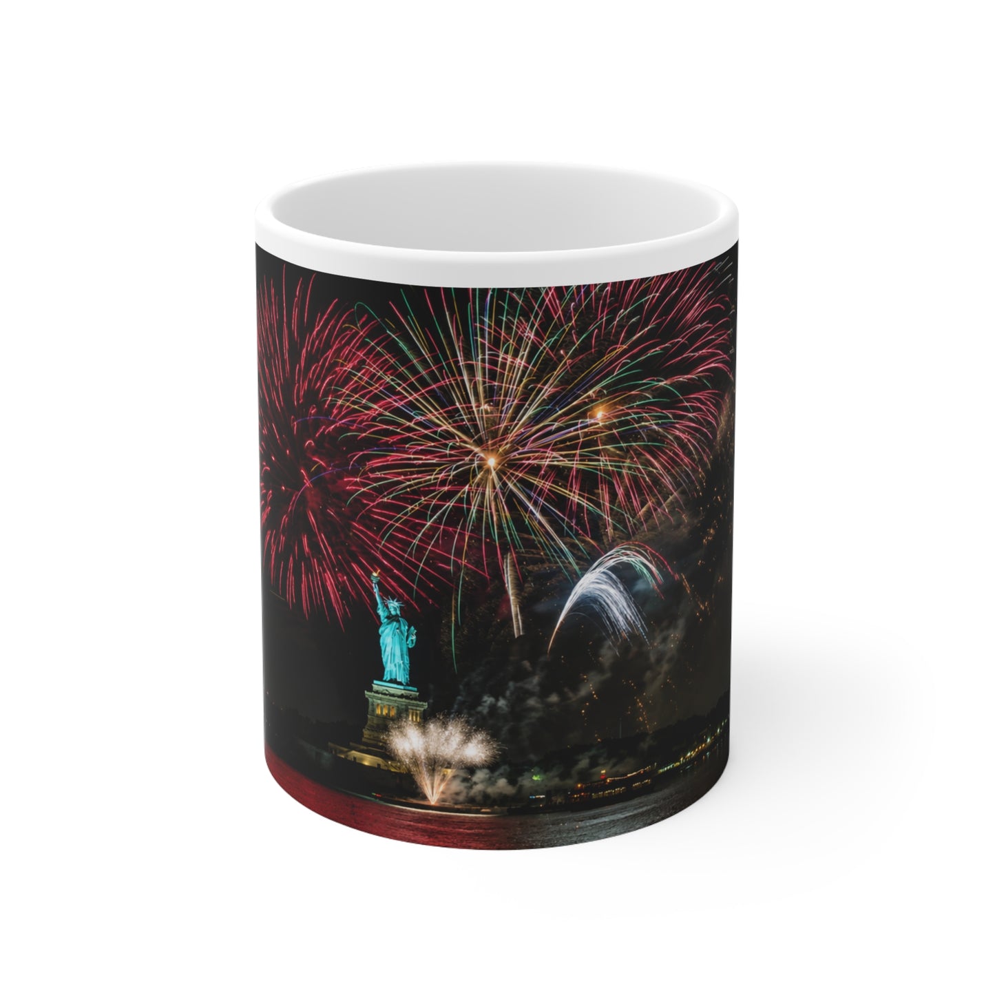 Statue of Liberty Fireworks Coffee Mug — Patriotic New York Night Skyline 11oz/15oz