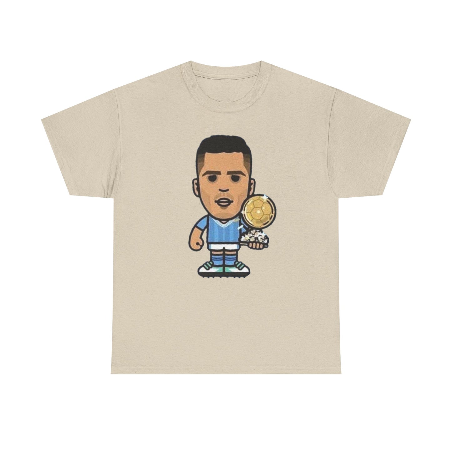 Rodri Manchester City Cartoon Tee — Player Holding Trophy Graphic Shirt