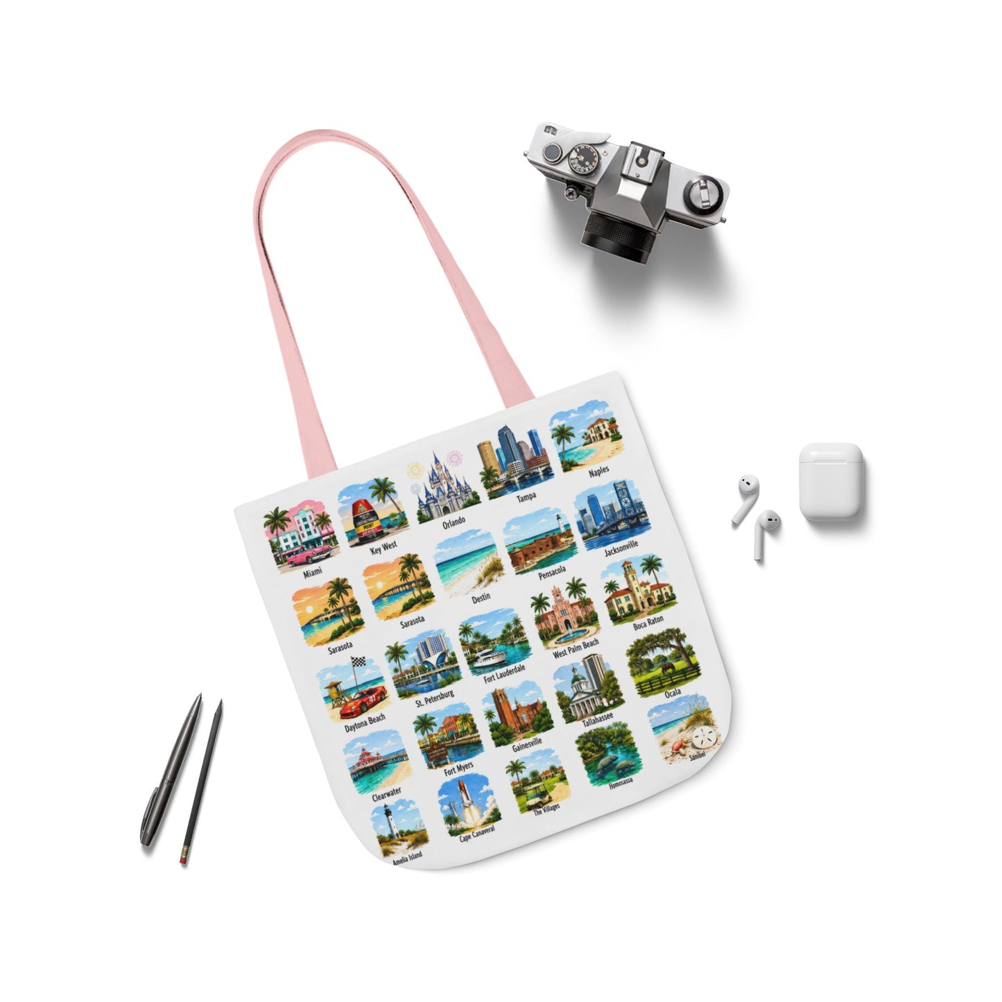Florida City Landmark Collage Canvas Tote Bag — Vintage Travel Icons Print